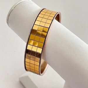 Circular Metal Bangle Squares Gold Tone Bracelet Golden Mosaic